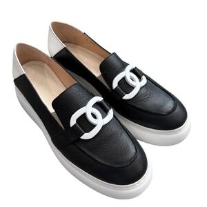 Wonders Black & White Leather Platform Loafers Slip On Shoes EU 41 US 10